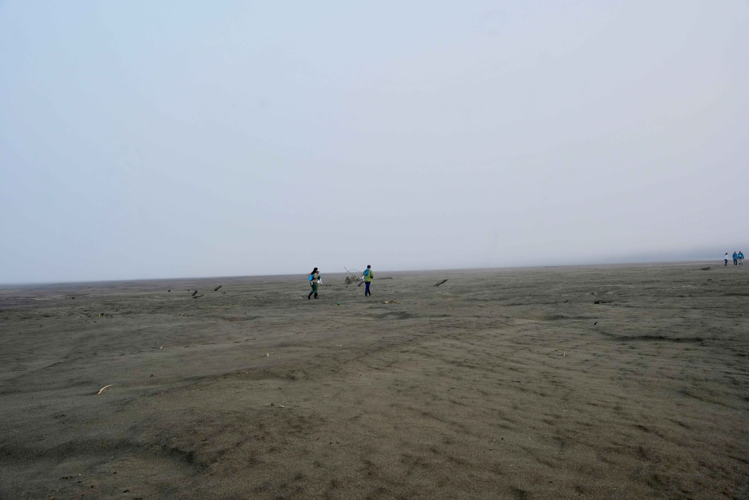 personas en un desierto con neblina